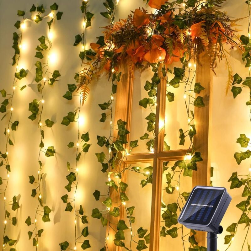 Image of Stringa di luci solari da esterno, 12M 100 LED Ghirlanda solare di edera artificiale 8 modalità Luci impermeabili per giardino Balcone Patio Camera