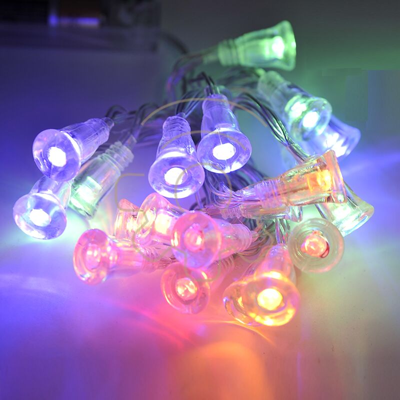 Image of Crylight - Serie 20 luci di Natale led a campana multicolore rgb a batterie 2 mt catena 2 giochi per interno