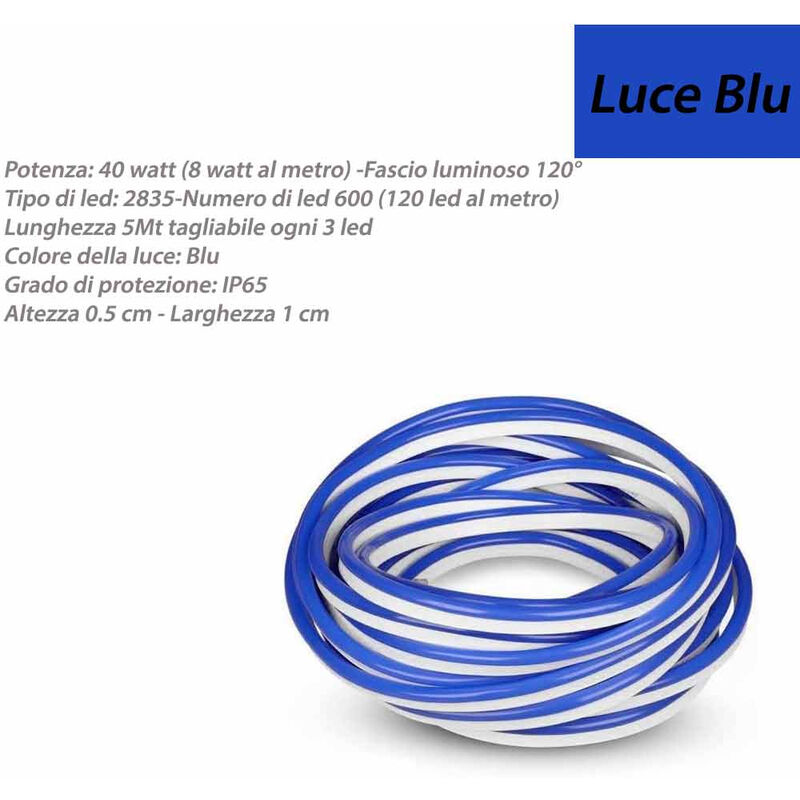 Image of Vetrineinrete - Strip led neon flex striscia curvabile modellabile 600 led decorativa 5 metri luce blu ip65 waterproof