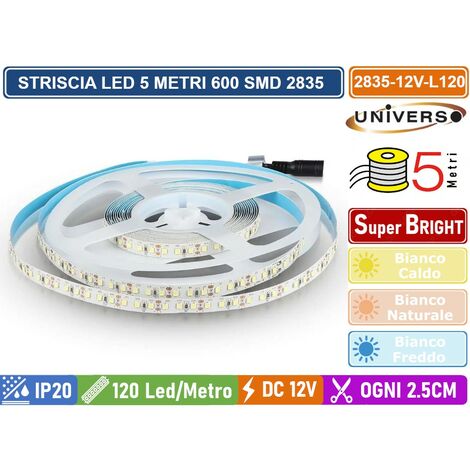 STRIP STRISCIA LED MONOCOLORE 5 METRI SMD 2835 120 LED METRO IP20 DIVISIBILE OGNI 2.5CM - Colore Luce: Bianco Freddo