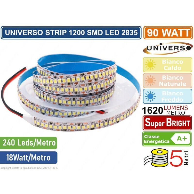 Image of Strip striscia led monocolore 5 metri smd 2835 240 led metro IP20 90W 8100 lumen IP20 - Colore Luce: Bianco Caldo