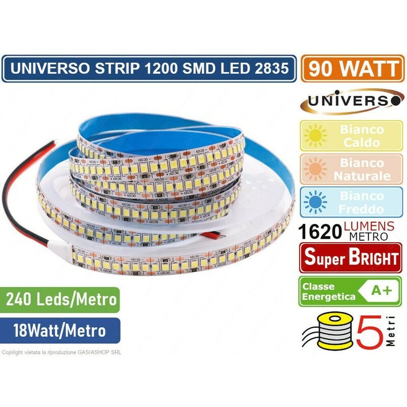 Image of Strip striscia led monocolore 5 metri smd 2835 240 led metro IP20 90W 8100 lumen IP20 - Colore Luce: Bianco Naturale