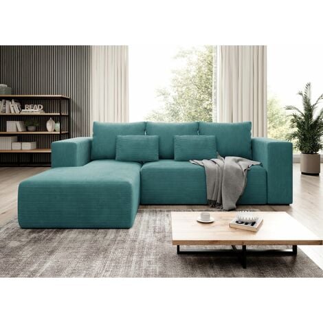 Stripes Jumbo Cord Left Hand Facing Corner Sofa Bed - Turquoise
