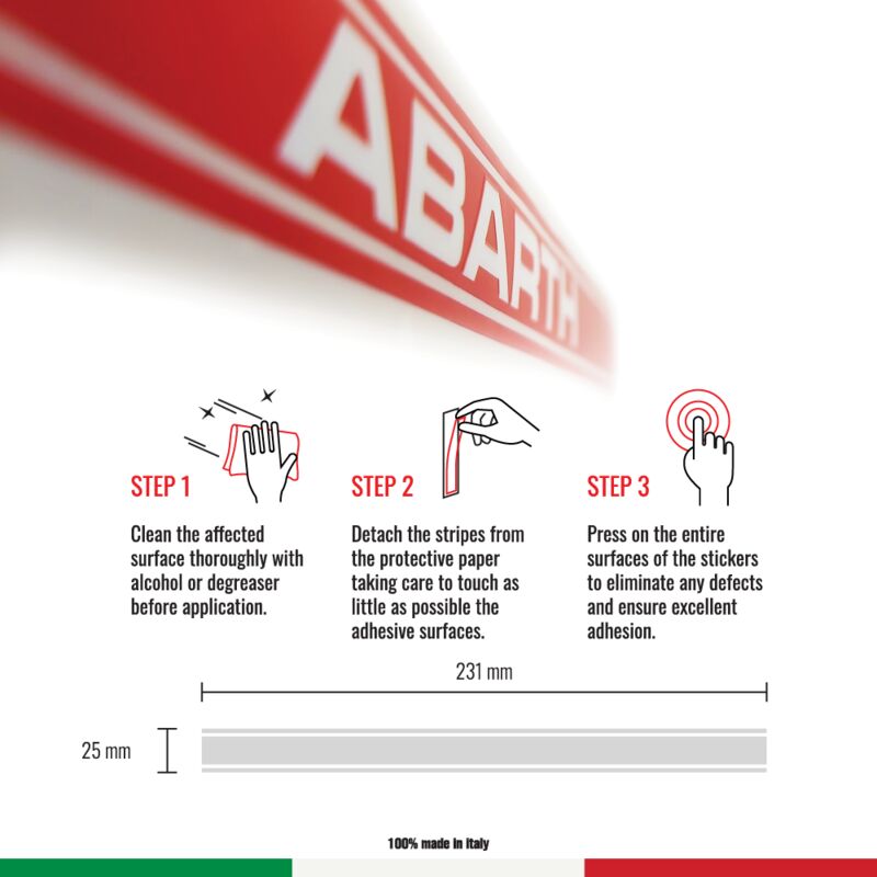 Stripes Strisce Adesive per Fiat 500 Abarth - Dimensione: 2,5 X 23 CM - Colore: ROSSO