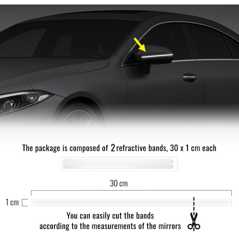 Strisce Adesive 3D Rifrangenti per Specchietti Auto, Bianco, 1 x 30 cm - Confezione: 2 PEZZI