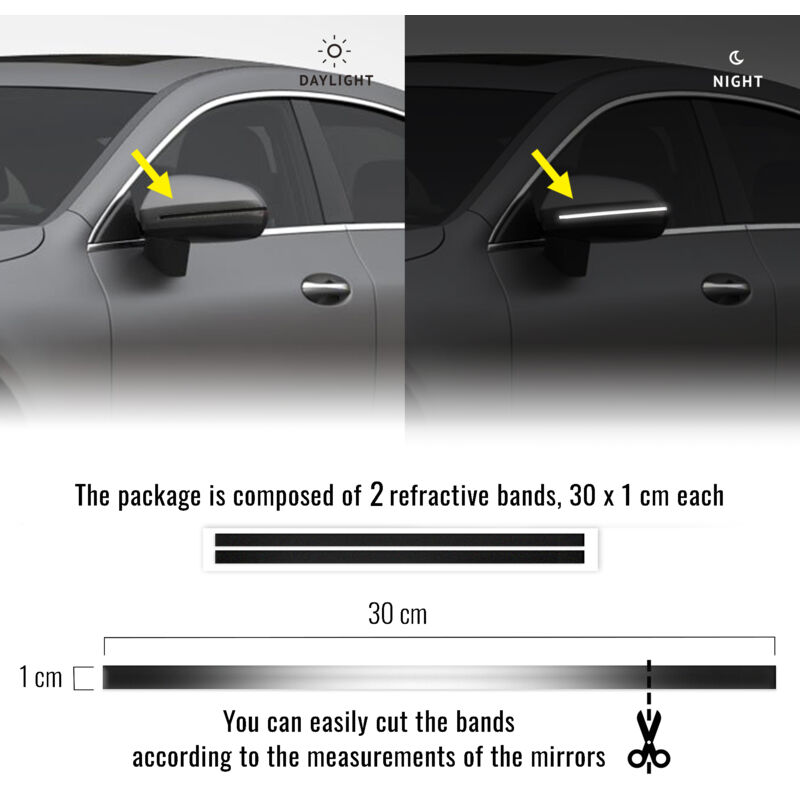 Strisce Adesive 3D Rifrangenti per Specchietti Auto, Nero, 1 x 30 cm - Confezione: 2 PEZZI