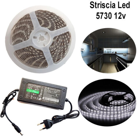 STRISCIA LED 5730 5M ADESIVA LUCE IP65 ALIMENTATORE 12V 5A BIANCO FREDDO 12W/M