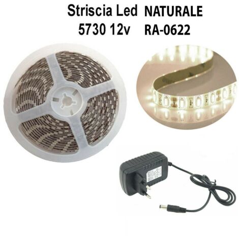 STRISCIA LED 5730 5M LUCE BIANCO NATURALE ADESIVA IP65 CON ALIMENTATORE 12V 2A