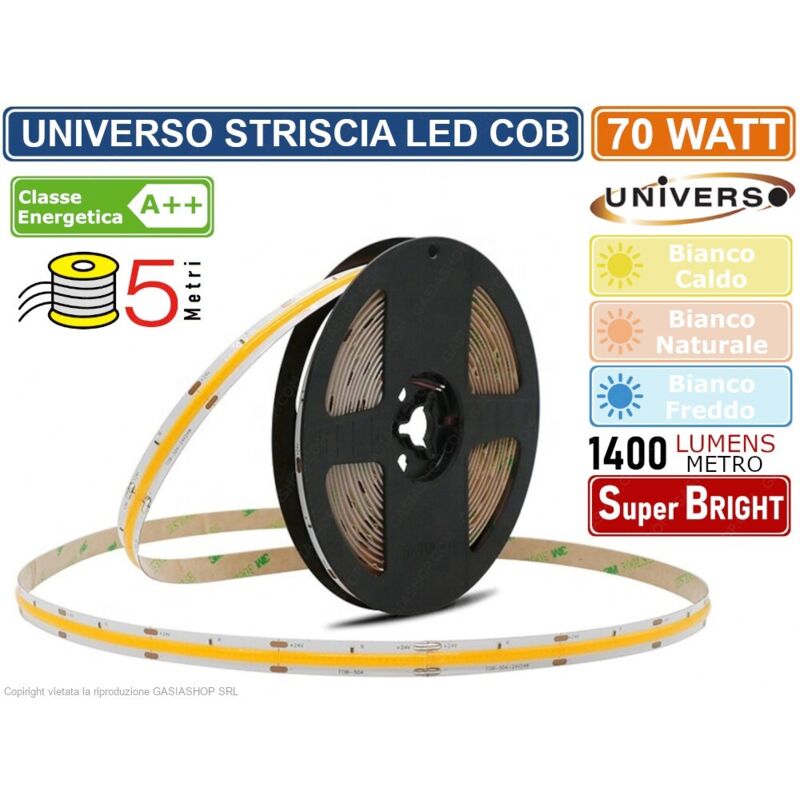 Striscia Led Cob Monocolore 70w 7000 Lumen Dc12v Bobina Da 5 Metri Cri 90 - Colore Luce : Bianco Caldo