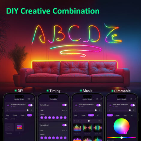 Striscia LED Neon RGB da 3 m con controllo APP, cambio colore, segmentabile, sincronizzazione musicale - Striscia luminosa per la decorazione degli interni della casa (3M)