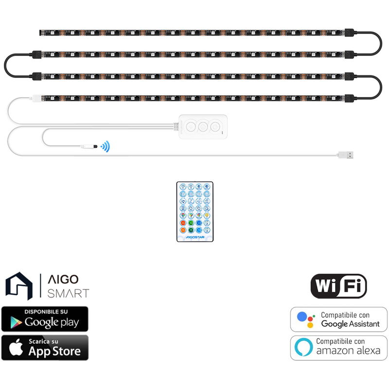 Image of Striscia Led Smart 5V 36W 4&2150,5 metri WiFi rgb luce regolabile e dimmerabile con telecomando Aigostar