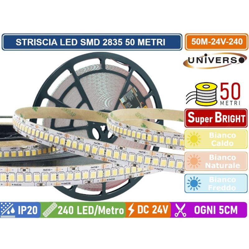 Image of Striscia led smd 2835 bobina da 50 metri 12.6W/M 24V monocolore 240 led/metro 56700 lumen IP20 - Colore Luce: Bianco Freddo