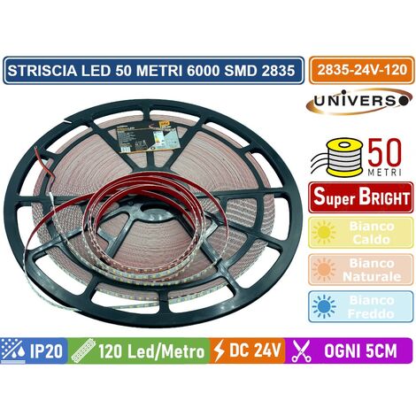STRISCIA LED SMD 2835 BOBINA DA 50 METRI  12W/M 24V MONOCOLORE 120 LED/METRO 53000 LUMEN IP20 - Colore Luce: Bianco Naturale