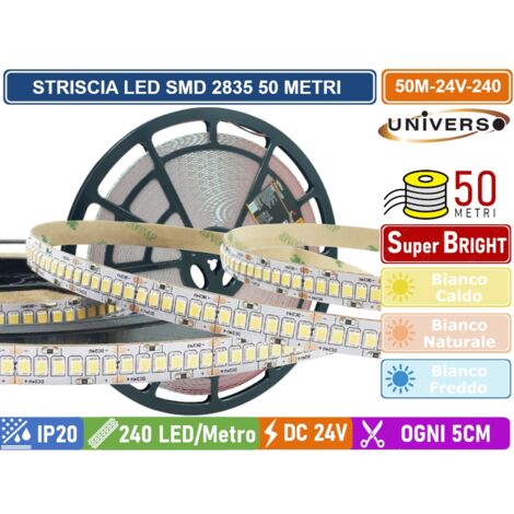 STRISCIA LED SMD 2835 BOBINA DA 50 METRI 20W/M 24V MONOCOLORE 240 LED/METRO 120000 LUMEN IP20 - COLORE LUCE : BIANCO FREDDO