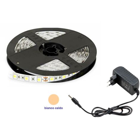 STRISCIA LED SMD 3528 300 LED 5 METRI STRIP BOBINA IP 65 CALDA PIU ALIMENTATORE 2A