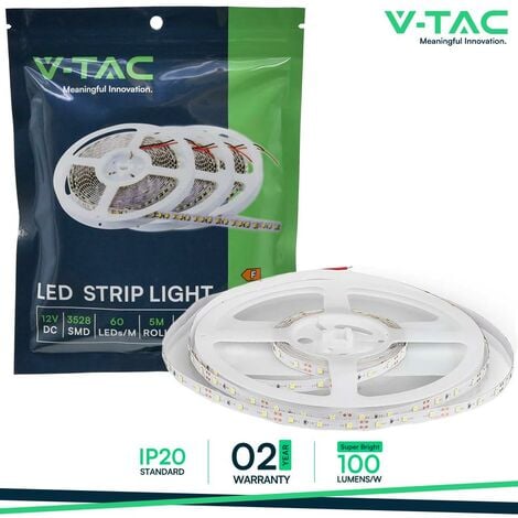 V-TAC VT-3528 Striscia LED 12V SMD3528 5M 4.2W/M 60LED/M 100LM/W monocolore bianco naturale 4000K IP20 - SKU 212041
