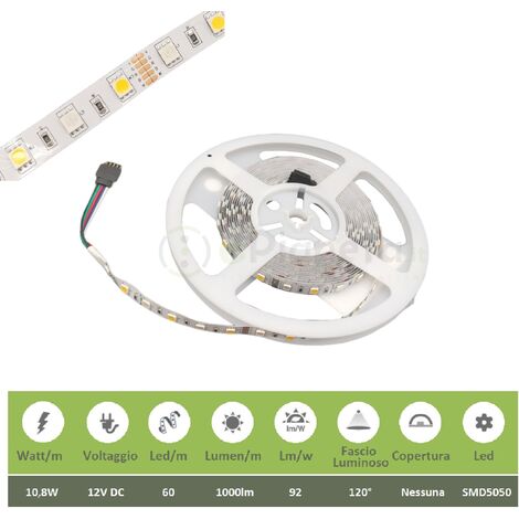 Striscia strip 300 led 12V smd 5050 bobina 5m luce naturale RGB+W adesiva flessibile multicolore + bianco caldo e naturale  RGB + Calda