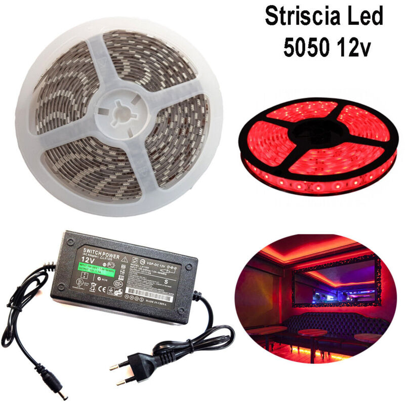 R&g - striscia strip led 5050 5M adesiva luce IP65 alimentatore 12V 5A rosso 12W/M