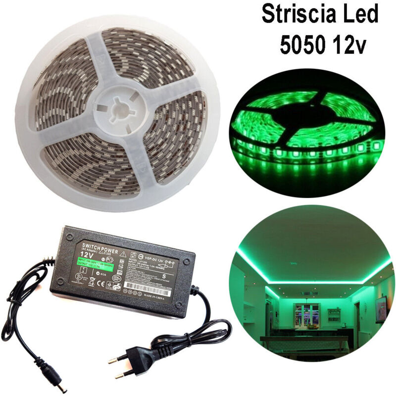 R&g - striscia strip led 5050 5M adesiva luce IP65 alimentatore 12V 5A verde 12W/M