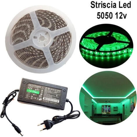 STRISCIA STRIP LED 5050 5M ADESIVA LUCE IP65 ALIMENTATORE 12V 5A VERDE 12W/M