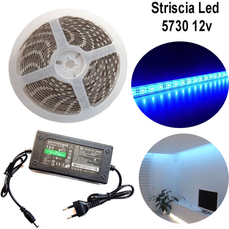 R&g - striscia strip led 5730 5M adesiva luce IP65 alimentatore 12V 5A blu 12W/M