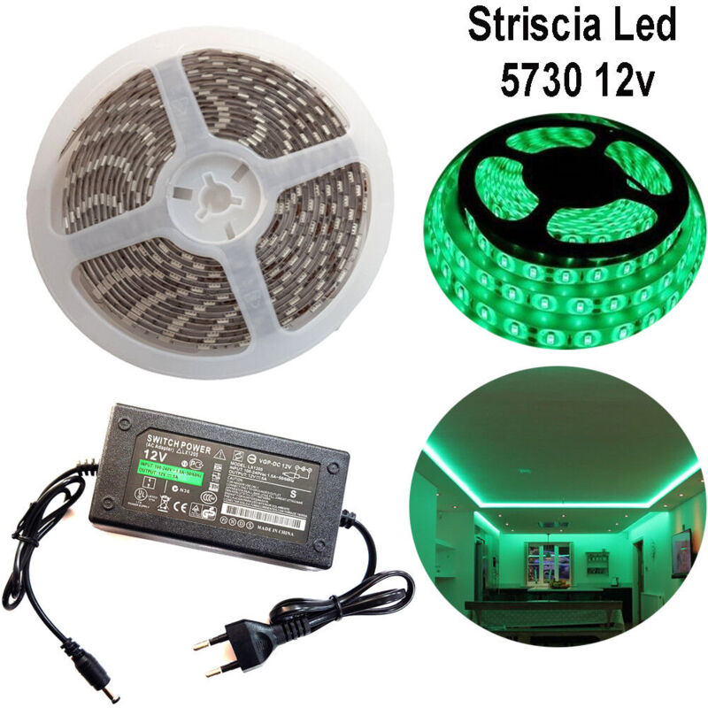 R&g - striscia strip led 5730 5M adesiva luce IP65 alimentatore 12V 5A verde 12W/M