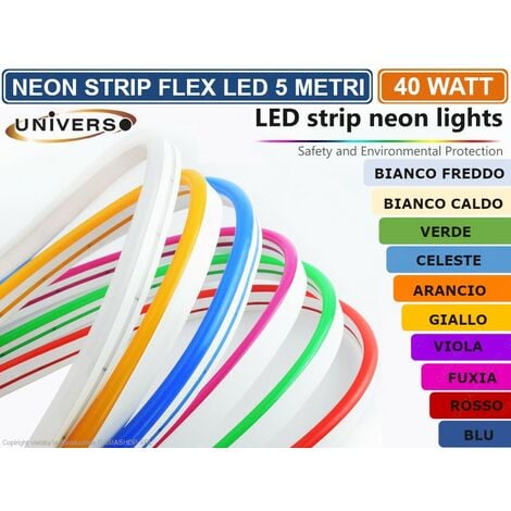 UNIVERSO STRISCIA STRIP LED NEON FLEX 5 METRI DC 12V IMPERMEABILE DA ESTERNO IP65 MODELLABILE - Colore Luce: Bianco Caldo