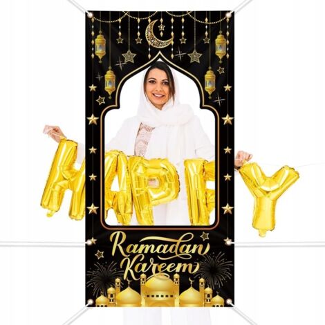 Striscione fotografico Ramadan in tessuto nero e oro 180x90 cm