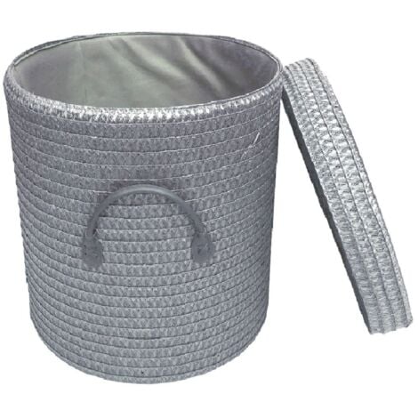 Strong Woven Round Lidded Laundry Storage Basket Bin Lined PVC Handle[Light Grey,Small 25 x 27 cm]