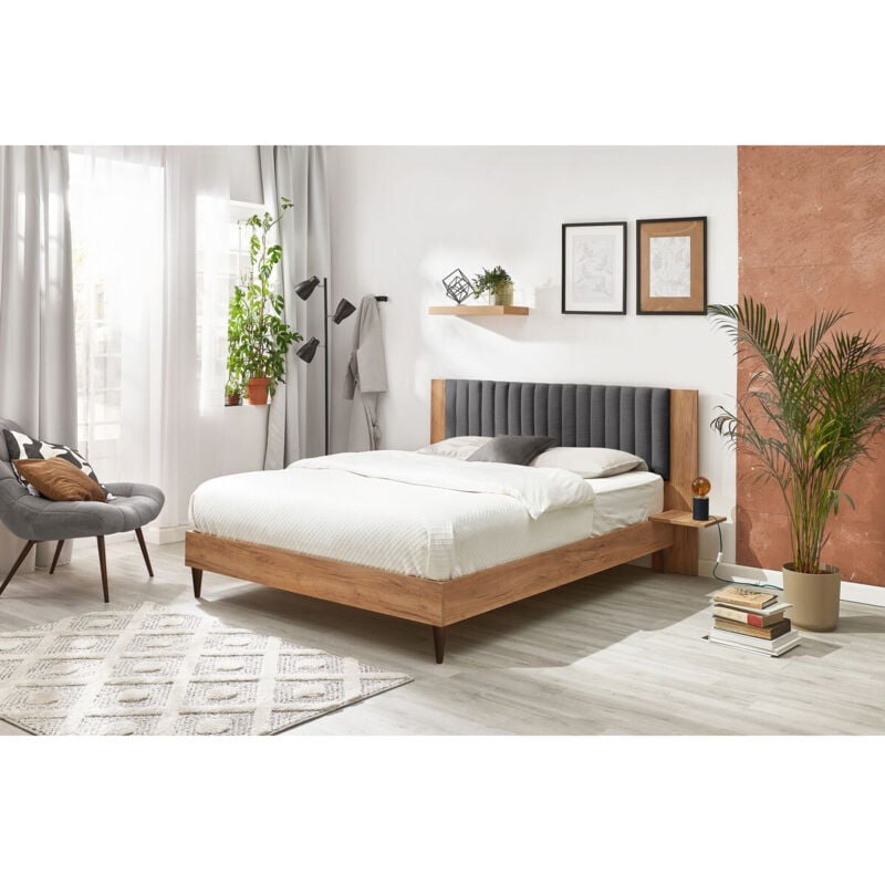 Bobochic - Lit 140x190 cm selena avec lattes massives pieds en bois wengé 140x190 Gris anthracite