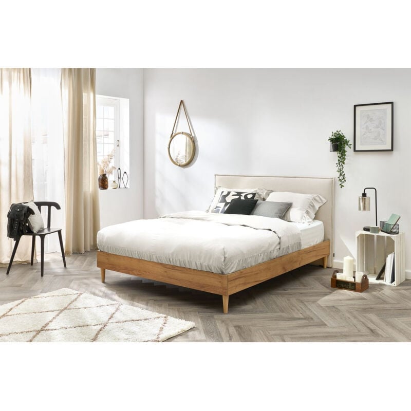 Bobochic - Lit 140x190 cm cara avec lattes massives pieds en bois naturel 140x190 Beige