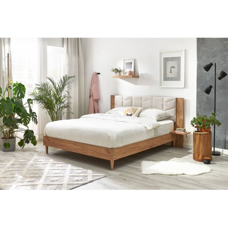 Bobochic - Lit 160x200 cm leona avec lattes massives pieds en bois naturel 160x200 Beige