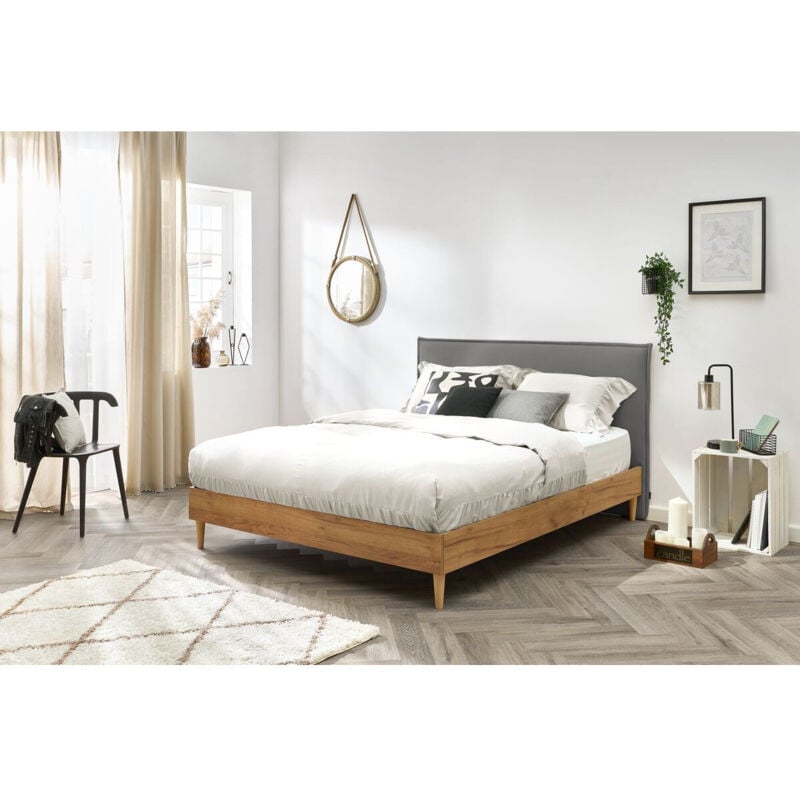 Bobochic - Lit 160x200 cm cara avec lattes massives pieds en bois naturel 160x200 Gris anthracite