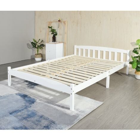 Structure de Lit Double en Bois, Style Scandinave - 140x190 cm - Blanc