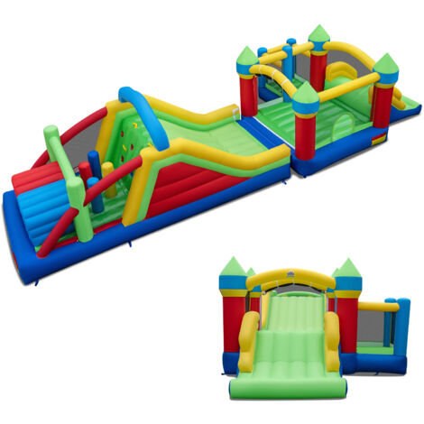 Structure Gonflable avec Toboggan Géant et Maison de Saut,Tunnels, Poteaux d’Obstacles, Mur d’Escalade et Balles Océaniques (Souffleur Non Inclus)