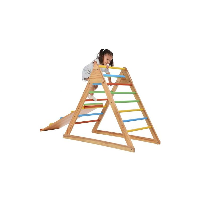 Structure à grimper Indoor| Triangle 4 en 1, triangle d'escalade avec toboggan et arche en bois|avec marches arc-en-ciel |Structure à grimper en bois