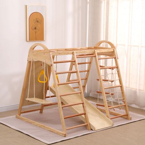 Struttura da Gioco 134x120x120 cm, con Scivolo e Altalena, Rete per Arrampicata, Playset Sicuro, Multigioco, in Legno, Naturale