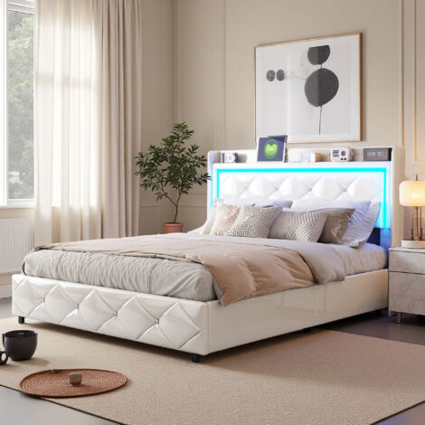 Struttura letto 140x190 cm, USB e LED, PU bianco, Retrò, Rete, Facile da montare, Letto singolo 140x190 cm