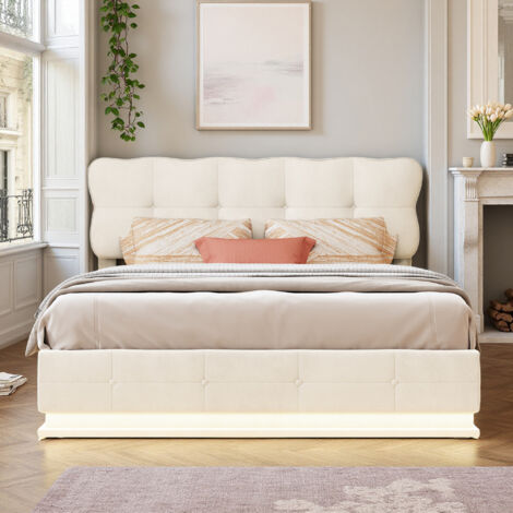Struttura letto 140x190 cm - Velluto beige - idraulico - letto per ragazzi 140x190 cm con LED