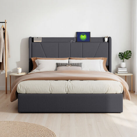 Struttura letto 160x200 cm - Lino grigio - idraulico - rete - letto per ragazzi 160x200 cm