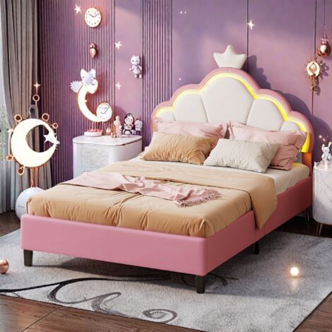 Struttura letto con testiera 90x200 cm, struttura letto imbottita, letto per ragazzi, letto a piattaforma Pink Crown, rete a doghe senza materasso a molle