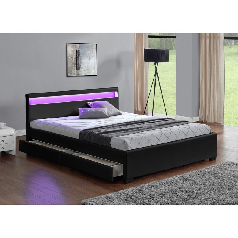 Struttura letto in similpelle nera con contenitore e led 140x190 cm enfield