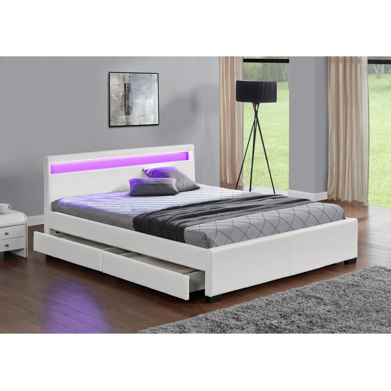 Struttura letto in similpelle bianca con contenitore e led 140x190 cm enfield