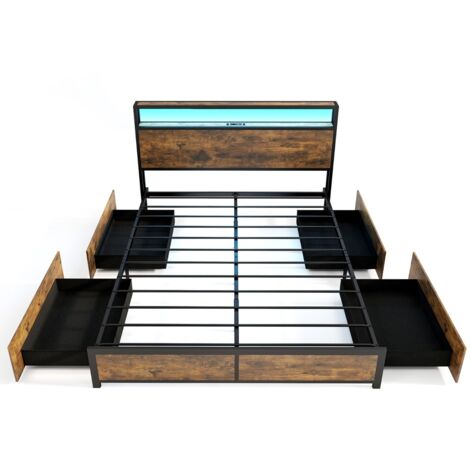 Struttura letto king size con luci LED stazione di ricarica 4 cassetti testiera e porta tipo-C, Letto piattaforma Marrone