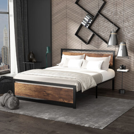 Struttura Letto Matrimoniale 167x208x103cm in Legno e Acciaio, Doghe Integrate e Testiera in Stile Industriale, Nero e Marrone Rustico