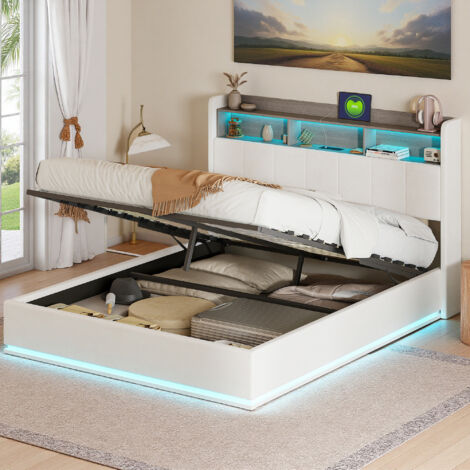 Struttura letto per ragazzi 140x200 cm con USB - LED e idraulico - Velluto bianco - Mobili moderni