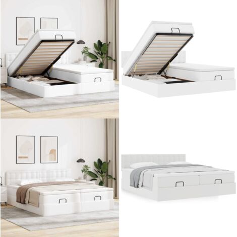 Struttura Letto Pouf con Materassi Bianco 180x200 cm Similpelle - Materasso a molle insacchettate - Stoccaggio sotto il letto