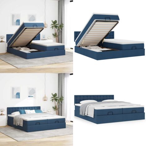 Struttura Letto Pouf con Materassi Blu 200x200 cm in Tessuto - Materasso a molle insacchettate - Letto con stoccaggio