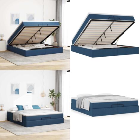 Struttura Letto Pouf con Materassi Blu 200x200 cm in Tessuto - Materasso a molle insacchettate - Letto con stoccaggio