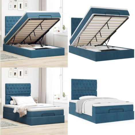 Struttura Letto Pouf con Materassi Blu Scuro 120x200 cm Velluto - Materasso a molle insacchettate - Letto con stoccaggio